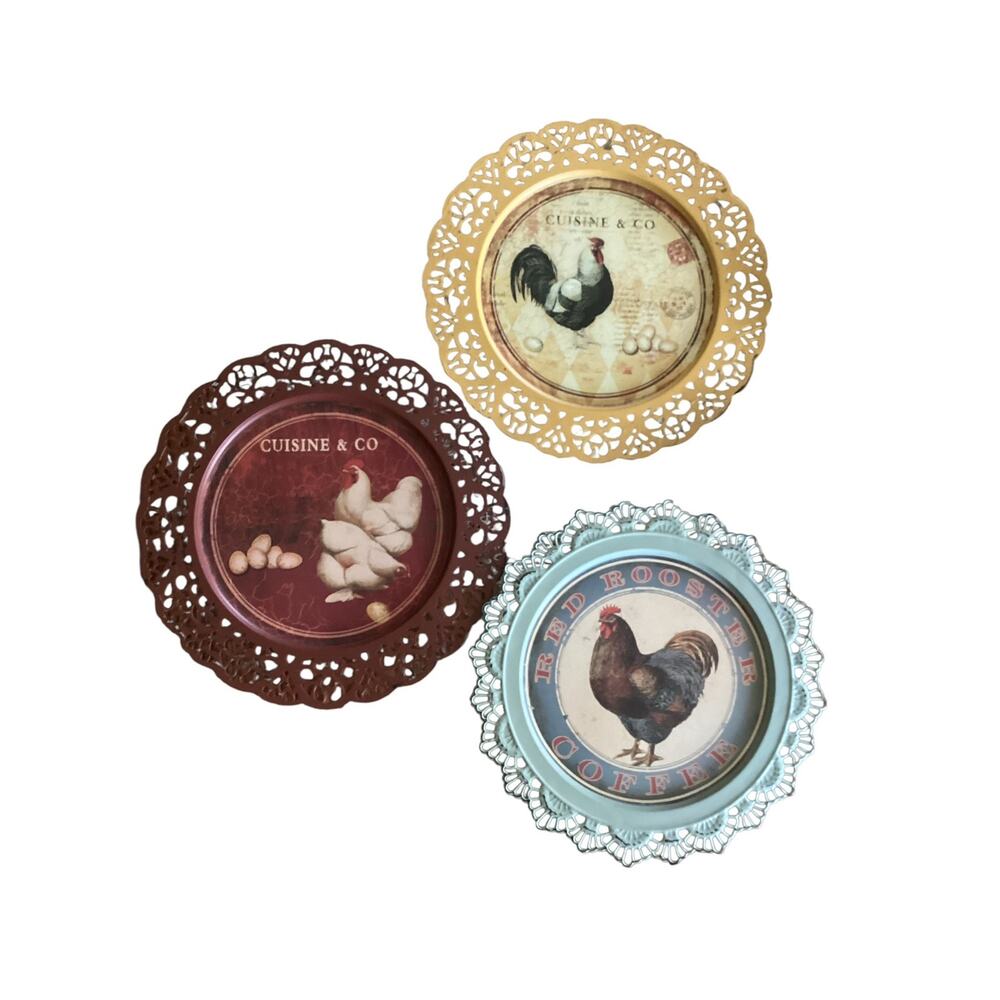 Set Of 3 Metal Chicken/Rooster Plates Wall Decor 12"